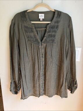 Knox Rose Olive Pintuck Button-Down Blouse xxl